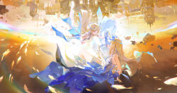 2girls a-shacho absurdres bare_legs bare_shoulders black_collar black_dress blonde_hair blue_eyes breasts cartethyia_(wuthering_waves) chinese_commentary collar commentary_request crown_of_thorns dress dual_persona earrings fleurdelys_(wuthering_waves) high_heels highres horns jewelry large_breasts legs long_hair long_horns multiple_girls necklace palms_together pointy_ears shoes single_horn small_breasts tabard very_long_hair white_shoes white_tabard wuthering_waves yellow_horns