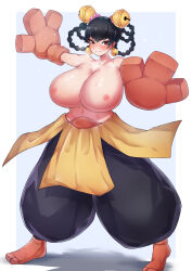 1girl absurdres black_hair blush breasts brown_eyes cleavage cosplay creatures_(company) embarrassed game_freak gen_3_pokemon hariyama highres huge_breasts lin_lin_(one-punch_man) looking_at_viewer megamegahhhh navel nintendo nipples one-punch_man pokemon sarashi solo standing sweat topless_female