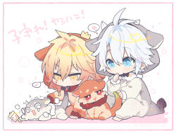 2boys antenna_hair biting_another&#039;s_tail blonde_hair blue_eyes border braid chimera chimera_(honkai:_star_rail) commentary_request facial_tattoo gradient_hair hair_between_eyes heart holding_another&#039;s_tail honkai:_star_rail honkai_(series) hood hood_up lay0x0 male_focus medium_hair multicolored_hair multiple_boys musical_note mydei_(honkai:_star_rail) onesie orange_pajamas pajamas phainon_(honkai:_star_rail) red_hair red_tattoo short_hair side_braid spoken_heart spoken_musical_note tail tattoo white_hair white_pajamas yellow_eyes