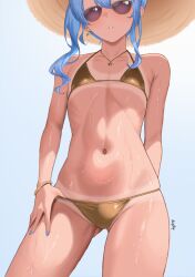 1girl absurdres alternate_costume asymmetrical_sidelocks bikini blue_hair blue_nails blue_ribbon bracelet commentary diptip double-parted_bangs earrings flat_chest gluteal_fold gold_bikini golden_week hair_between_eyes hair_ribbon hat highres hololive hoshimachi_suisei jewelry looking_at_viewer medium_hair nail_polish navel necklace parted_lips ribbon ribs side_ponytail sidelocks single_earring solo star_(symbol) star_necklace stomach straw_hat string_bikini sun_hat sunglasses swimsuit tan tanline virtual_youtuber wet