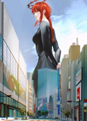 1girl arms_behind_back artist_name black_dress blood blood_halo blue_sky blunt_bangs braid braided_ponytail breasts building car chainsaw_man city cityscape crosswalk day demon_girl dress expressionless from_below full_body giant giantess halo highres lamppost liquid_halo long_dress long_hair long_sidelocks long_sleeves looking_at_viewer looking_back makima_(chainsaw_man) mature_female medium_breasts motor_vehicle nose outdoors own_hands_together pale_skin parted_lips pink_lips red_hair red_halo ringed_eyes road sidelocks single_braid sky solo standing sudstance tree twitter_username walking