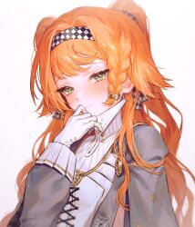 1girl blush braid checkered_hairband fymrie gloves green_eyes hair_ribbon hairband long_hair long_sleeves looking_at_viewer orange_hair reverse:1999 ribbon side_braid simple_background solo sonetto_(reverse:1999) sparkle upper_body white_background white_gloves