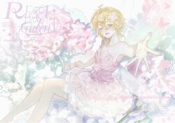 1boy ;d ahoge alternate_costume aotu_world bare_legs bare_shoulders barefoot blonde_hair blue_eyes blush chinese_commentary crossdressing dress english_text fairy fairy_wings flower hair_between_eyes hair_flower hair_ornament highres king_(aotu_world) leaf looking_at_viewer male_focus one_eye_closed open_hand open_mouth outstretched_arm outstretched_hand pink_dress pink_flower plant plutoray pointy_ears short_dress short_hair sitting smile solo strapless strapless_dress trap watermark wings