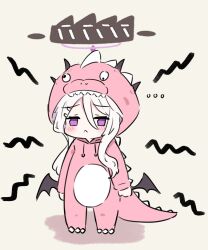 1girl :&lt; blue_archive blush demon_wings dinosaur dinosaur_costume e_v_e_neko halo hina_(blue_archive) sad simple_background tagme white_hair wings
