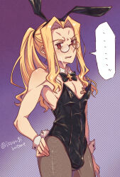 Rule 34 | 1boy, animal ears, bandaid, bandaids on nipples, blonde hair, blush, bulge, crossdressing, crossdressing (mtf), fake animal ears, glasses, hand on own hip, highres, isurugiratone, long hair, looking at viewer, male focus, male playboy bunny, michael roa valdamjong, michael roa valdamjong (human), pasties, pectorals, ponytail, rabbit ears, red eyes, sweat, tsukihime, wide hips