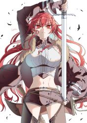 1girl :&lt; ahoge arm_up artist_name bandaged_arm bandages brown_hairband brown_jacket brown_shorts brown_thighhighs closed_mouth commentary_request cowboy_shot eris_greyrat from_above fur-trimmed_jacket fur_trim hairband highres holding holding_sword holding_weapon jacket long_sleeves looking_at_viewer looking_down mushoku_tensei navel open_clothes open_jacket red_eyes red_hair shirt short_shorts shorts simple_background sleeveless sleeveless_shirt solo stomach sword syaka415 thighhighs weapon white_background