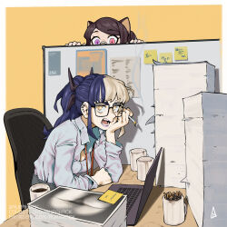 Rule 34 | 2girls, angry, animal ears, ascari megane (aurahack), aurahack, bandaid, bandaid on face, bandaid on nose, black-framed eyewear, black hair, breasts, brown hair, cat ears, cat girl, cigarette butt, cleavage, coffee, coffee mug, computer, cubicle, cup, ear piercing, glasses, grey hair, heterochromia, highres, indoors, lanyard, laptop, levin (aurahack), long hair, medium breasts, mug, multicolored hair, multiple girls, office lady, original, paper stack, peeking, piercing, pink eyes, ponytail, purple eyes, purple lips, shirt, short hair, smoking, split-color hair, sticky note, symbol-shaped pupils, two-tone hair, white shirt, yellow eyes