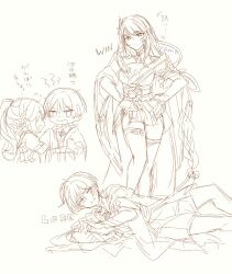 1boy 2girls armor blunt_bangs blunt_ends bodysuit bow breasts bridal_gauntlets cleavage clenched_hand closed_mouth expressionless flying_sweatdrops furisode genshin_impact hair_ornament hair_over_eyes hands_on_own_hips highres japanese_armor japanese_clothes kimono kimono_skirt kote layered_clothes layered_kimono leaf leaf_hair_ornament long_hair looking_down looking_up loose_hair_strand low-braided_long_hair low-tied_long_hair lying monochrome multiple_girls nahida_(genshin_impact) obi obiage obijime on_side open_clothes open_kimono open_mouth pointy_ears raiden_shogun ribbon sash scaramouche_(genshin_impact) short_sleeves shorts shrug_(clothing) side_ponytail sidelocks sketch standing tears thighhighs translation_request turtleneck turtleneck_bodysuit very_long_hair wanderer_(genshin_impact) wide_sleeves yamo_(sky2world)