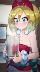 1girl bare_shoulders beer_mug blonde_hair blue_eyes blush breasts breath closed_mouth collarbone cum cum_in_container cum_on_body cum_on_breasts cum_on_nose cum_on_upper_body cum_string cup drinking drooling gokkun hair_ornament highres holding holding_cup irida_(pokemon) kashu_(hizake) looking_at_object looking_down mug nintendo pokemon pokemon_legends:_arceus red_shirt saliva shirt short_hair small_breasts solo steam strapless sweat sweatdrop tube_top upper_body wrist_cuffs