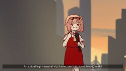 Rule 34 | 1girl, blonde hair, collared shirt, commentary, english text, eyewear on head, fangs, flandre scarlet, highres, holding, holding microphone, microphone, one side up, pointing, pointing at self, pointy ears, puffy short sleeves, puffy sleeves, red eyes, red skirt, red vest, shirt, short hair, short sleeves, skirt, stage, symbol-only commentary, touhou, vest, white shirt, wings, yoruny
