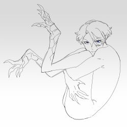 1boy blue_eyes completely_nude covering_privates elliot_(par0llel) full_body highres hugging_own_legs kemonomimi_mode long_fingers long_toenails looking_at_viewer male_focus nude original par0llel scales short_hair sketch solo talons toenails