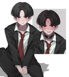 1boy alternate_costume anzekeye black_collar black_hair black_jacket black_pants blush chinese_commentary collar collared_shirt commentary_request highres jacket long_sleeves looking_at_viewer male_focus maruko_gaku necktie open_mouth pants parted_bangs parted_lips red_eyes red_necktie shirt short_hair simple_background sitting sweat the_hundred_line_-last_defense_academy- white_background white_shirt