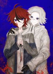 2boys ahoge aotsuki_eito arm_around_shoulder black_gloves black_hair blood blood_on_clothes blood_on_face bloody_knife bloody_weapon blue_background blue_eyes closed_mouth glasses gloves hair_between_eyes highres jacket knife long_sleeves male_focus messy_hair multicolored_eyes multicolored_hair multiple_boys red_eyes smile sumino_takumi the_hundred_line_-last_defense_academy- weapon white_hair white_jacket