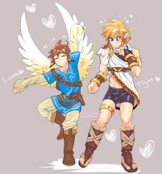 Rule 34 | 2boys, angel, angel wings, belt, blonde hair, blue eyes, blue tunic, blush, boots, brown hair, cosplay, crossover, dancing, earrings, grey background, happy, heart, highres, jewelry, kid icarus, link, link (cosplay), male focus, multiple boys, nintendo, pit (kid icarus), pit (kid icarus) (cosplay), pointy ears, smile, soft sizzle, the legend of zelda, the legend of zelda: breath of the wild, tunic, twitter username, wings