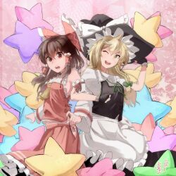 Rule 34 | 2girls, :d, apron, ascot, black gloves, black hat, black skirt, black vest, blonde hair, bow, braid, brown hair, clothing cutout, collar, commentary request, detached sleeves, fingerless gloves, gloves, green bow, green ribbon, hair bow, hair tubes, hakurei reimu, hand on headwear, hat, hat bow, hip vent, kirisame marisa, kozuki0912, locked arms, long hair, multiple girls, open mouth, pillow, pink background, red bow, red eyes, red rope, red shirt, red skirt, ribbon, rope, shirt, single braid, skirt, smile, star-shaped pillow, surprised, touhou, vest, white apron, white bow, white collar, white shirt, white sleeves, witch hat, yellow ascot, yellow eyes