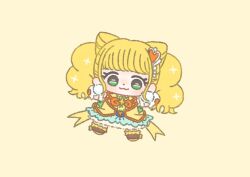 Rule 34 | 1girl, :3, aqua skirt, ascot, back bow, bare shoulders, beads, blonde hair, blue shirt, blunt bangs, boots, bow, bowtie, brooch, brown boots, chibi, closed mouth, clothing cutout, collared vest, cone hair bun, cure sparkle, dot nose, double bun, earrings, eyelashes, footwear bow, fur-trimmed boots, fur trim, gloves, green eyes, hair beads, hair bun, hair ornament, happy, healin&#039; good precure, heart, heart hair ornament, hiramitsu hinata, ichigo usuhana, jewelry, knee boots, lapels, light blush, long hair, looking at viewer, magical girl, miniskirt, notched lapels, open clothes, open vest, orange bow, orange bowtie, outstretched arms, petticoat, pleated skirt, pom pom (clothes), pom pom earrings, precure, shirt, short sleeves, shoulder cutout, simple background, skirt, smile, solo, sparkle, tareme, twintails, vest, white gloves, wrist bow, yellow ascot, yellow background, yellow bow, yellow theme, yellow vest