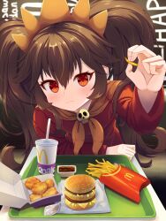 1girl ashley_(warioware) bag big_hair big_mac black_hair blush burger cup disposable_cup dress drinking_straw fast_food food french_fries hairband highres holding holding_food long_hair long_sleeves looking_at_viewer matchamassa mcdonald&#039;s neckerchief nintendo orange_hairband orange_neckerchief paper_bag pov reaching reaching_towards_viewer red_dress red_eyes sailor_collar sitting skull skull_ornament solo sweatdrop very_long_hair warioware witch yellow_sailor_collar
