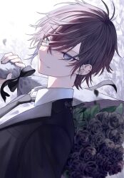 1boy black_flower black_jacket black_necktie black_rose bouquet brown_hair collared_shirt commentary_request dutch_angle earrings film_grain flower grey_eyes grin hair_between_eyes highres holding holding_bouquet jacket jewelry lapels male_focus muta_(82y_46p) necktie notched_lapels original rose shirt short_hair smile solo stud_earrings upper_body white_shirt