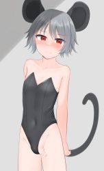 Rule 34 | 1boy, alternate costume, animal ears, bar censor, black leotard, censored, closed mouth, commentary request, covered navel, cowboy shot, crossdressing, crossdressing (mtf), dakuazu, genderswap, genderswap (ftm), grey hair, highres, leotard, looking at viewer, male focus, mouse boy, mouse ears, mouse tail, nazrin, penis, red eyes, short hair, solo, strapless, strapless leotard, tail, touhou, trap