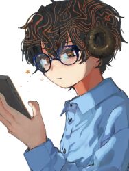 1boy 4rane_tu bags_under_eyes black_eyes black_hair blue-framed_eyewear blue_shirt cellphone closed_mouth collarbone curled_horns glasses hair_between_eyes highres holding holding_phone horns long_sleeves male_focus multicolored_eyes orange_eyes orange_hair original phone ringed_eyes shirt simple_background smartphone solo star_(symbol) upper_body white_background