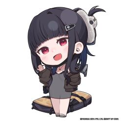 1girl bag barcode barcode_tattoo black_bra black_hair black_mask black_nails blunt_bangs bra breast_tattoo breasts chibi cleavage commentary d_(killer_wife)_(nikke) d_(nikke) dress english_commentary full_body goddess_of_victory:_nikke gradient_hair grey_dress grey_sandals hair_ornament hairclip handbag heart highres jewelry light_blush long_sleeves looking_at_viewer mask_pull multicolored_hair nail_polish official_alternate_costume official_art open_mouth red_eyes sandals small_breasts smile solo standing tattoo toenail_polish toenails totatokeke underwear weapon