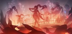 1girl against_railing artist_logo artist_name bare_legs bare_shoulders braid breasts cityscape dress english_text falling firing floating flower-shaped_hair fox_mask geta glowing glowing_eye gun gun_to_head hair_ornament highres holding holding_gun holding_mask holding_weapon honkai:_star_rail honkai_(series) logo long_hair looking_ahead looking_at_object mask mask_on_head medium_breasts multiple_views neon_sign obi railing sash scenery shade_of_a_cat sidelocks silhouette sparkle_(honkai:_star_rail) standing twin_braids unworn_mask very_long_hair weapon wide_shot
