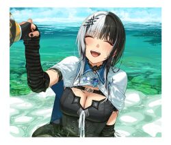 2girls black_choker black_dress black_hair blue_sky border breasts cape choker cleavage closed_eyes commentary dress elbow_gloves english_commentary enigmatic_recollection facing_another female_pov fingerless_gloves gigi_murin gigi_murin_(1st_costume) gloves hair_ornament hair_over_shoulder highres hololive hololive_english lace-trimmed_choker lace_trim large_breasts long_hair multicolored_hair multiple_girls open_mouth outdoors pov pov_hands shiori_novella shiori_novella_(1st_costume) sitting sky sleeveless sleeveless_dress smile split-color_hair striped_clothes striped_gloves teeth upper_teeth_only virtual_youtuber water wet wet_hair white_border white_cape white_hair yakimi_27