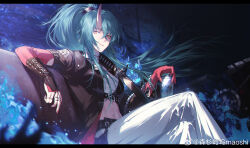 1girl absurdres aqua_hair arknights beer_can can chest_sarashi commentary_request crossed_bangs drink_can hair_between_eyes helsura_(laurenc15933866) high_ponytail highres holding holding_can horns hoshiguma_(arknights) hoshiguma_the_breacher_(arknights) jewelry katana letterboxed long_hair looking_at_viewer midriff multiple_rings nail_polish navel parted_lips ponytail red_nails ring sarashi single_horn sitting skin-covered_horns solo sword watermark weapon weibo_watermark