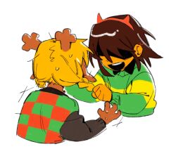 1girl 1other antlers black_shirt blonde_hair braid brown_hair checkered_clothes checkered_vest collared_shirt commentary_request damo_(chara_tfootc) deer_antlers deer_girl deltarune demon_horns fake_horns grabbing_another&#039;s_hair green_sweater hairband highres horn_hairband horns korean_commentary kris_(deltarune) noelle_holiday open_mouth partially_shaded_face red_hairband red_horns shirt short_hair smile striped_clothes striped_sweater sweat sweater twin_braids vest
