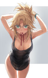 1girl armpits arms_behind_head arms_up bare_shoulders black_tank_top blonde_hair blush breasts collarbone fate/apocrypha fate_(series) glasses green_eyes highres long_hair looking_at_viewer mordred_(fate) mordred_(fate/apocrypha) mouth_hold parted_bangs ponytail sidelocks small_breasts solo tank_top thighs tonee tying_hair