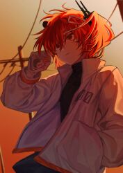 Rule 34 | 1girl, a.i. voice, adachi rei, cassette player, closed mouth, ddd 0t, flat chest, floating clothes, floating hair, gloves, gradient sky, grey skirt, hair ribbon, hand in pocket, hand up, highres, holding, jacket, looking ahead, netsu ijou (utau), open clothes, open jacket, orange hair, orange sky, power lines, radio antenna, ribbon, short hair, side ponytail, skirt, sky, solo, utau, utility pole, white gloves, white ribbon