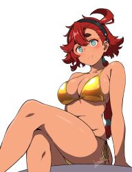 1girl ahoge arm_behind_back batta_16-sei bikini black_hairband blue_eyes breasts closed_mouth collarbone commentary_request crossed_legs dark-skinned_female dark_skin gold_bikini gundam gundam_suisei_no_majo hairband hand_on_own_chest highres looking_at_viewer navel red_hair side-tie_bikini_bottom simple_background sitting smile solo suletta_mercury swimsuit white_background