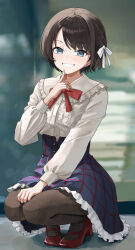 1girl absurdres art_mu blouse blue_skirt blurry blurry_background bob_cut bow bowtie braid brown_pantyhose commentary depth_of_field finger_to_mouth frilled_shirt frilled_skirt frills full_body green_eyes grin hair_bow hair_ribbon hand_on_lap high-waist_skirt high_heels highres hololive index_finger_raised long_sleeves looking_at_viewer official_alternate_costume oozora_subaru oozora_subaru_(casual) pantyhose parted_lips pigeon-toed plaid_clothes plaid_skirt pumps red_bow red_bowtie red_shoes ribbon shirt shoes short_hair skirt smile solo squatting swept_bangs virtual_youtuber white_bow white_ribbon white_shirt