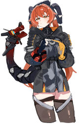 Rule 34 | 1girl, asymmetrical gloves, black hoodie, black horns, black thighhighs, blush, dragon girl, dragon horns, dragon tail, fidgeting, gloves, highres, hood, hoodie, horns, long hair, magus (zenless zone zero), massivedoontwei, mechanical tail, orange hair, orange pupils, orpheus (zenless zone zero), pointy ears, tail, thighhighs, twintails, white background, yellow gloves, zenless zone zero, zettai ryouiki, zipping
