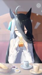 1girl absurdres animal_ears black_hair blush bread cake closed_mouth coffee collared_shirt cup ear_tag earrings food hair_between_eyes highres holding holding_food horse_ears horse_girl jewelry l_kirschblute light_rays long_bangs long_hair long_hair_between_eyes long_sleeves manhattan_cafe_(umamusume) plate shirt single_earring smile solo steam umamusume variant_set very_long_hair white_shirt