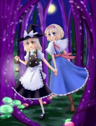 Rule 34 | 2girls, alice margatroid, apron, ascot, blonde hair, blue dress, blue eyes, blush, boots, bounami, bow, braid, capelet, couple, dress, eyebrows, fang, forest of magic, hair bow, hairband, hat, hat bow, holding hands, kirisame marisa, lamp, long hair, mary janes, moon, multiple girls, mushroom, open mouth, running, sash, shoes, short hair, side braid, single braid, socks, touhou, waist apron, witch hat, yellow eyes, yuri