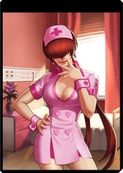 1girl bed breasts cleavage dress earrings female_focus hand_on_own_hip hat heart huge_breasts indoors jewelry large_breasts latex long_hair looking_at_viewer nurse nurse_cap ponytail red_hair shermie_(kof) skirt smile smiley_face sunlight table the_king_of_fighters thick_thighs thighs twintails wide_hips window