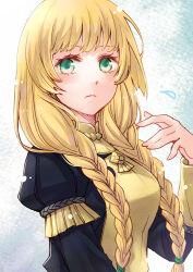 Rule 34 | 1girl, alternate hairstyle, blonde hair, braid, closed mouth, ebi puri (ebi-ebi), fire emblem, fire emblem: three houses, garreg mach monastery uniform, green eyes, ingrid brandl galatea, looking at viewer, low twin braids, nintendo, solo, twin braids, upper body