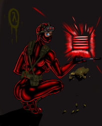 1girl alien ass balaclava blood blue_eyes bodysuit glock goggles gun half-life handgun headcrab highres holding holding_gun holding_weapon monster pistol skin_tight suppressor ventilation_shaft weapon