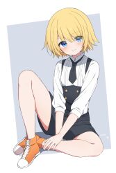 1girl :3 absurdres black_necktie black_shorts blonde_hair blue_eyes blush border collared_shirt commentary_request full_body grey_background hair_over_one_eye highres looking_at_viewer medium_hair mochigome_(ununquadium) multicolored_shoes necktie orange_shoes original outside_border shirt shoes short_hair shorts sidelocks signature simple_background sitting solo suspenders three-quarter_sleeves two-tone_shoes white_border white_shirt white_shorts