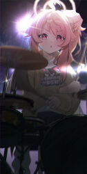 1girl absurdres animal_print black_skirt blue_archive blush brown_jacket cat_print drum drumsticks hair_ornament hair_scrunchie hayate_(1034853996) highres holding holding_drumsticks instrument jacket long_hair looking_at_viewer music natsu_(band)_(blue_archive) natsu_(blue_archive) official_alternate_costume official_alternate_hairstyle open_mouth pink_hair pink_scrunchie playing_instrument red_eyes scrunchie shirt side_ponytail sidelocks skirt solo white_shirt