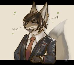1girl animal_ears black_coat brown_eyes brown_fur brown_hair coat collared_shirt commentary earrings english_commentary fox_ears fox_girl fox_tail furry furry_female furry_male heart highres jewelry kitsune limbus_company multiple_earrings necktie outis_(project_moon) project_moon red_necktie shirt short_hair simple_background snout solo tail user_dknm8424 watch white_shirt wristwatch