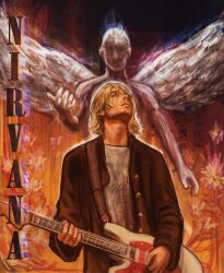 blonde_hair brown_jacket commentary english_text grey_shirt hair_over_one_eye highres in_utero_(album) instrument jacket jewelry kryceir kurt_cobain long_sleeves male_focus medium_hair music nirvana_(band) playing_guitar playing_instrument real_life ring shirt solo statue wings
