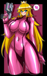 1girl black_border blonde_hair blue_eyes blush bodysuit border breasts commentary crown earrings gold_crown gun heart hexagon highres holding holding_gun holding_weapon impossible_bodysuit impossible_clothes iriomote_umineko jewelry large_breasts long_hair looking_at_viewer mario_(series) metroid nintendo paralyzer pink_bodysuit princess_peach samus_aran shiny_clothes skin_tight solo speech_bubble turtleneck turtleneck_bodysuit weapon zero_suit