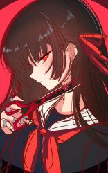0nineo9 1girl absurdres black_hair black_shirt breasts chisa_(wuthering_waves) commentary hair_ribbon hand_up highres holding holding_scissors large_breasts long_hair looking_at_viewer neckerchief portrait profile red_background red_eyes red_neckerchief red_ribbon ribbon sailor_collar scissors shirt simple_background sketch solo white_sailor_collar wuthering_waves