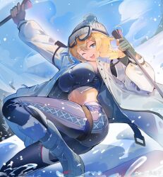 1girl arm_up beanie black_gloves blonde_hair blue_eyes boots braid breasts chinese_commentary commentary_request fingerless_gloves girls&#039;_frontline girls&#039;_frontline_2:_exilium gloves goggles goggles_on_head hand_up hat highres holding_ski_pole jacket large_breasts long_hair looking_at_viewer midriff mosin-nagant_(girls&#039;_frontline) mosin-nagant_(girls&#039;_frontline_2) official_alternate_costume one_eye_closed open_clothes open_jacket open_mouth pants pom_pom_(clothes) pom_pom_beanie purple_pants ski_pole skiing smile snow solo teeth tight_clothes tight_pants upper_teeth_only watermark weibo_username weibo_watermark white_boots white_hat white_jacket zukiyn