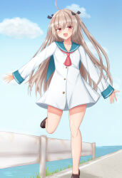 1girl :d ahoge atri atri-my_dear_moments- black_ribbon blue_sailor_collar blue_sky blush brown_shoes commentary_request day dress eyelashes eyes_visible_through_hair feet_out_of_frame floating_hair hair_between_eyes hair_ribbon happy highres light_brown_hair loafers long_hair long_sleeves looking_at_viewer neckerchief ocean open_mouth outdoors outstretched_arms red_eyes red_neckerchief ribbon road sailor_collar sailor_dress school_uniform serafuku shiny_skin shoes short_dress sky smile solo standing standing_on_one_leg straight_hair two_side_up very_long_hair wide_sleeves yuunagi_(yunagi1373)
