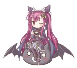 alucard_lore cloak cup dress emil_chronicle_online familiar frilled_dress frilled_skirt frills frr_(akf-hs) hair_ornament hairclip holding holding_cup long_hair one_eye_closed open_mouth pink_hair red_eyes riding skirt teacup twintails vampire white_background