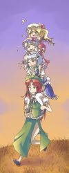 4girls apron bare_legs bat_wings blonde_hair blood blue_dress braid carrying daigada dress drooling evening closed_eyes fang flandre_scarlet grass hair_ribbon hat highres hong_meiling interlocked_fingers izayoi_sakuya light_purple_hair long_hair maid_apron maid_headdress mary_janes mob_cap multiple_girls nosebleed own_hands_together pink_dress pointing puffy_short_sleeves puffy_sleeves red_dress red_eyes remilia_scarlet ribbon shoes short_hair short_sleeves shoulder_carry side_slit silver_hair skirt skirt_set smile sparkle touhou tress_ribbon twin_braids walking wince wings