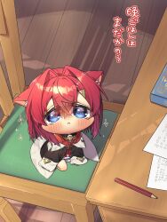 1girl :c ange_katrina ange_katrina_(1st_costume) animal_ears begging black_coat blue_eyes blush cardigan cat_ears cat_girl chibi coat commentary_request crossed_bangs double-parted_bangs dress hair_between_eyes hair_intakes hair_ornament hand_on_floor harumina_mau highres kneeling looking_up medium_hair nijisanji off_shoulder on_chair pencil pleading_eyes red_cardigan red_hair sleeves_past_wrists sparkle sparkling_eyes table talking translation_request triangle_hair_ornament virtual_youtuber white_dress wooden_floor